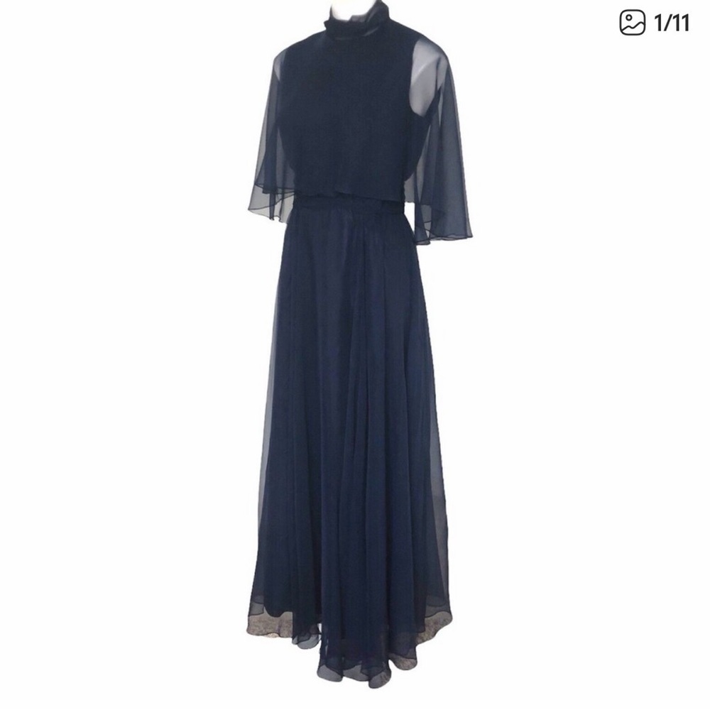 Vintage 70s MISS ELLIETTE Navy Blue Mock Neck Chiffon Cape Dress Size 12